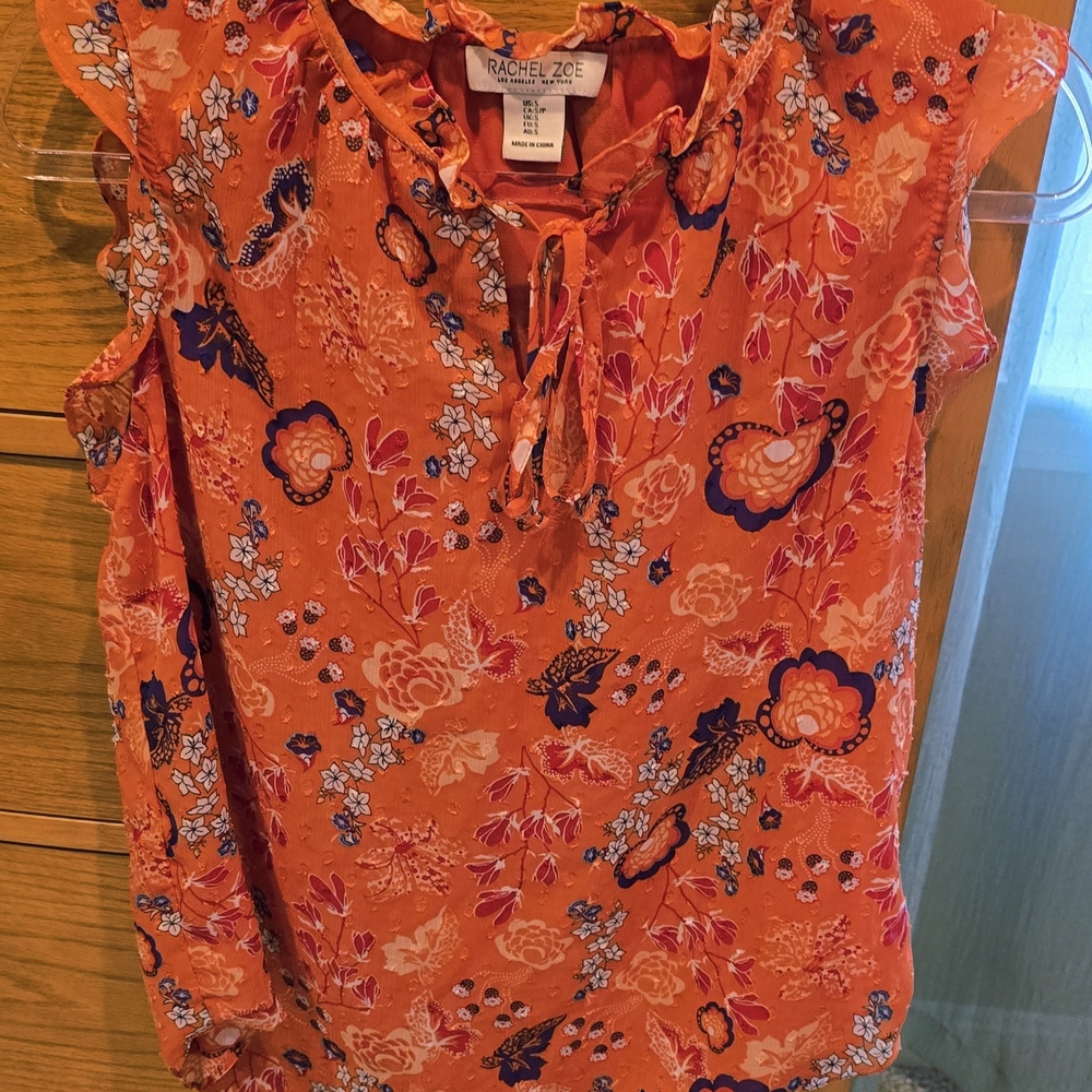Rachel Zoe Vibrant Orange and Blue Floral flutter Sleeve Blouse